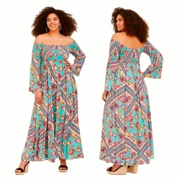 Torrid Maxi Dress 1X Colorful‎ Floral Challis Smocked Off Shoulder Bell Sleeve 1 - Picture 1 of 15